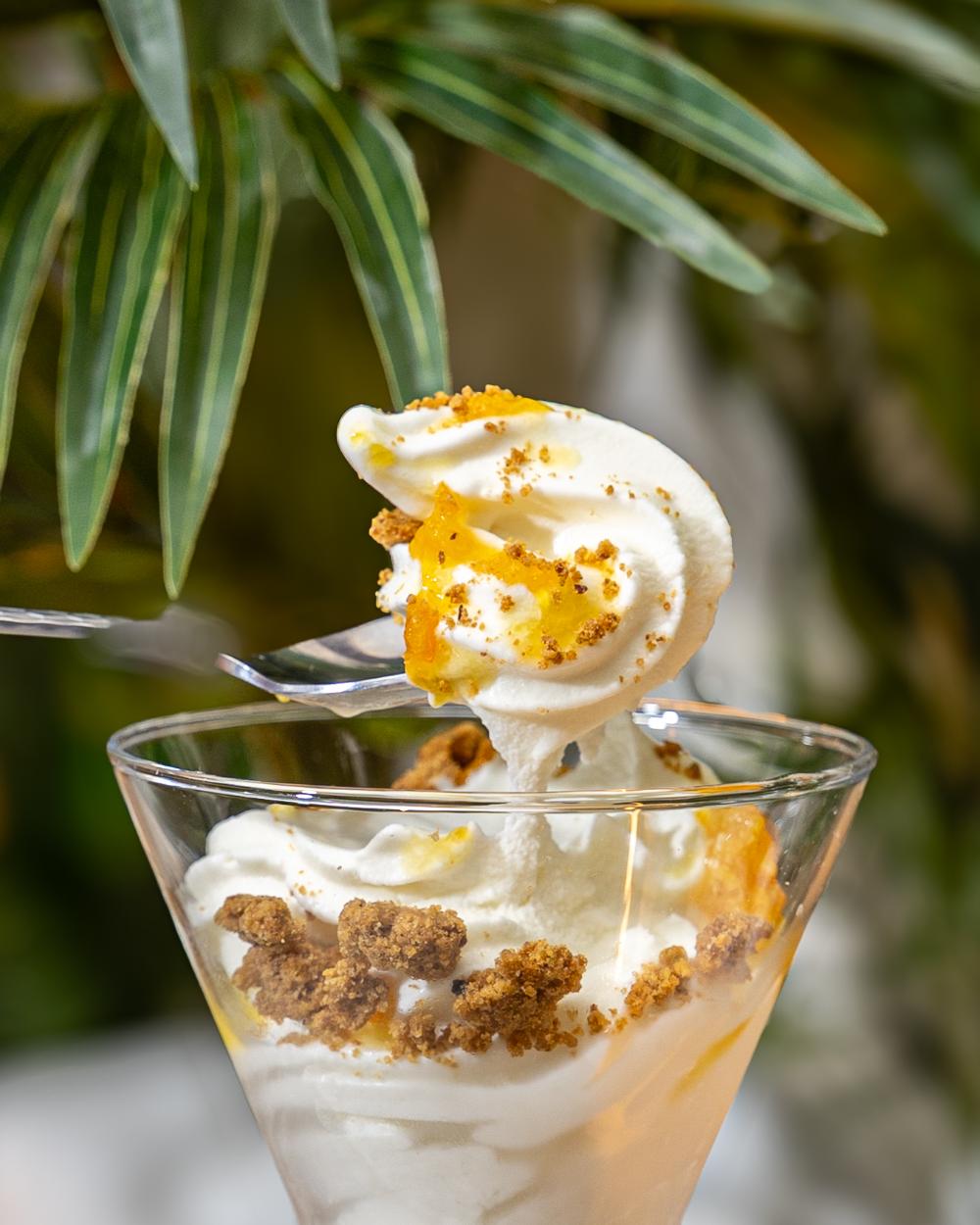 Dessert in front of lush greenery