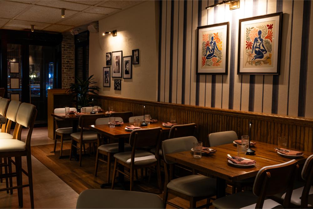 Interior dining space with layered lighting