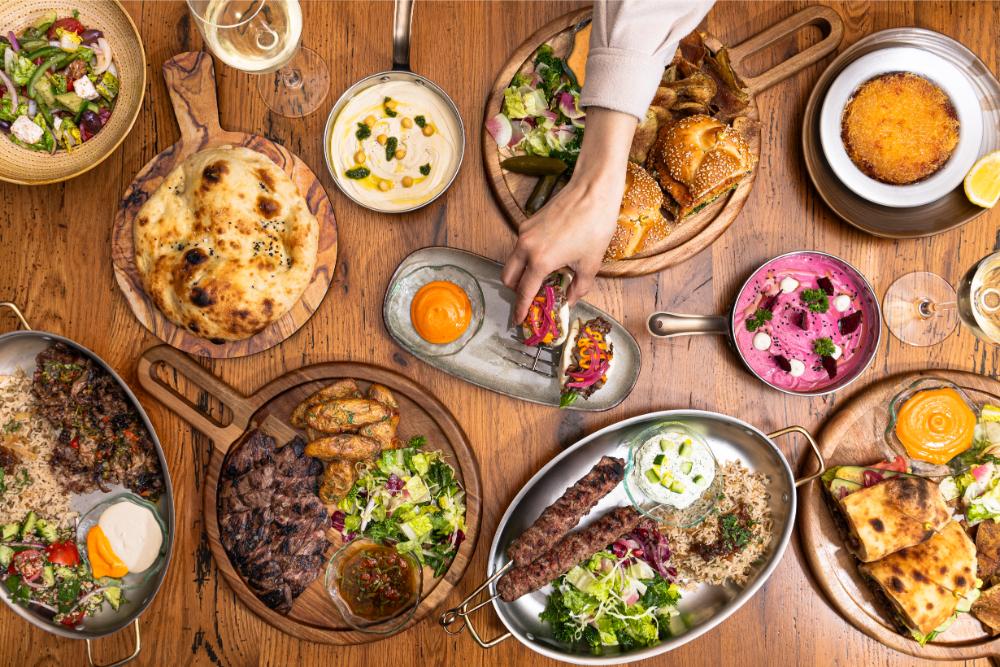 Food spread with fresh garnishes